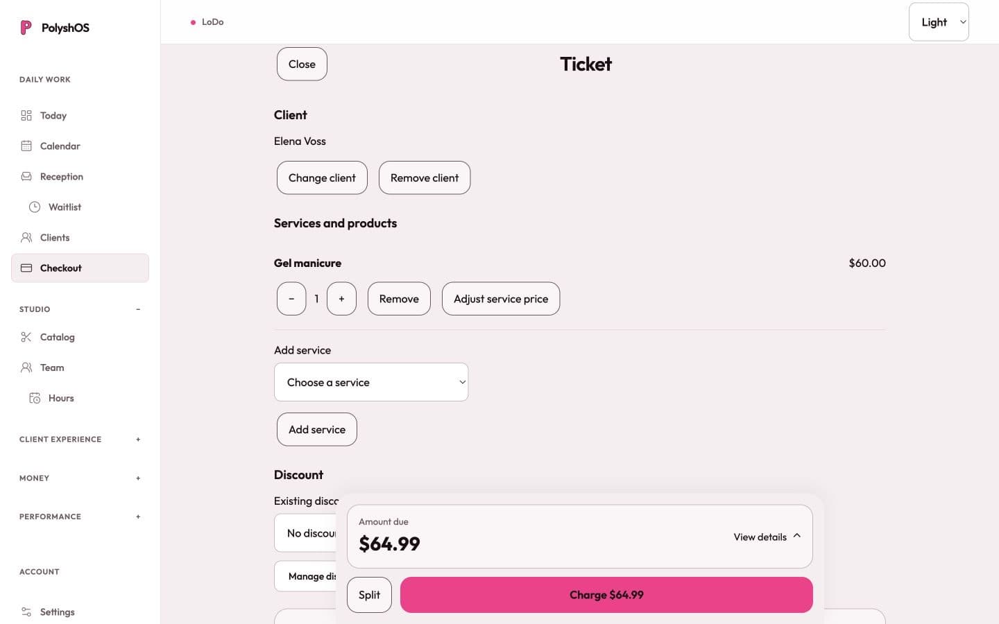 Demo checkout showing the services and amount due for a client visit