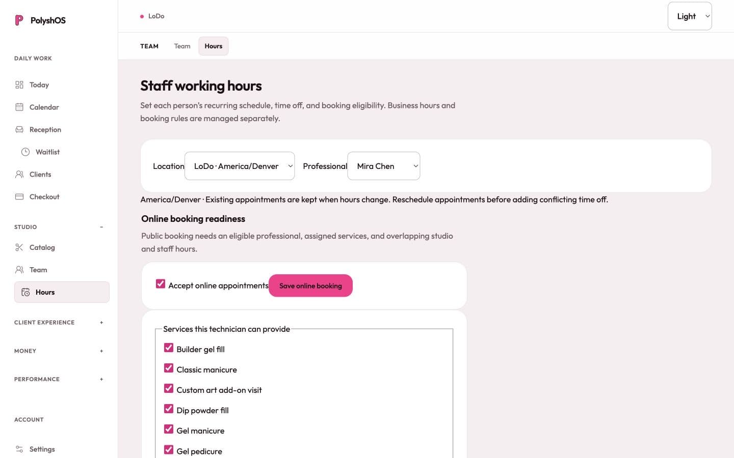 Demo team workspace showing service assignments