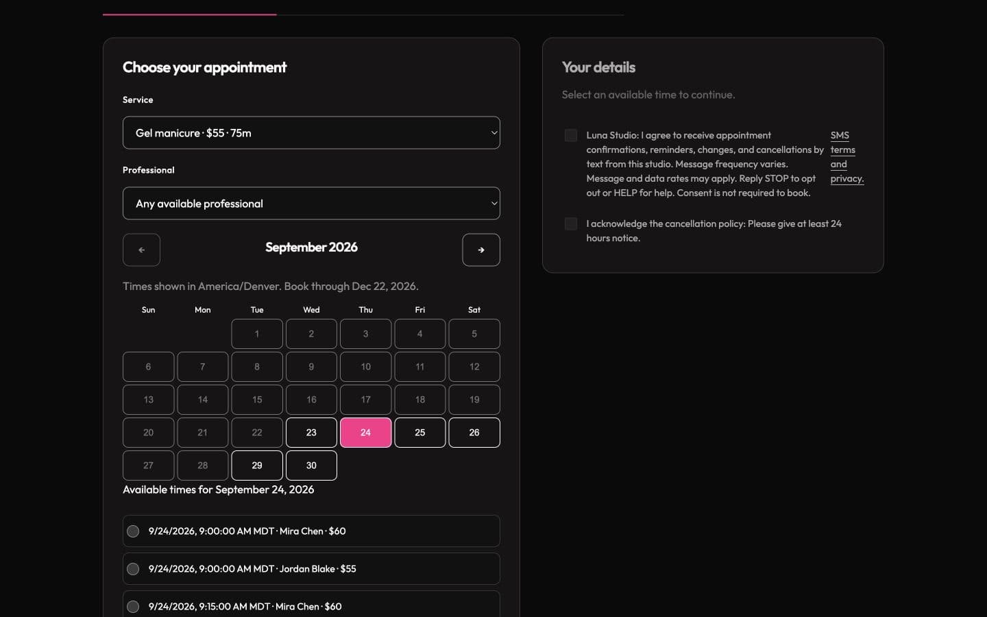 Demo studio: Let the next booking come to you.