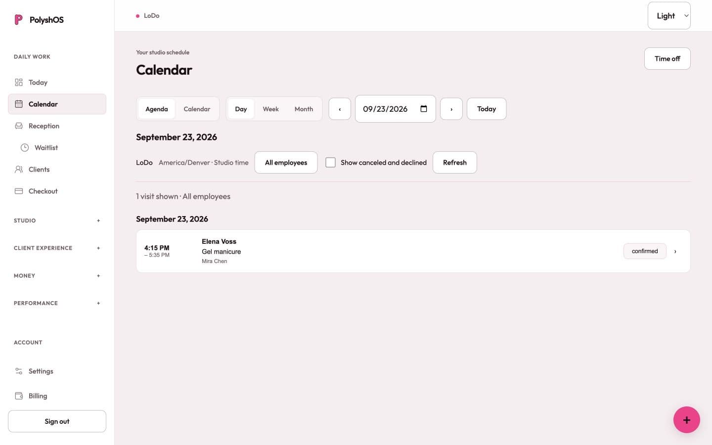 Calendar workspace with a demo client appointment